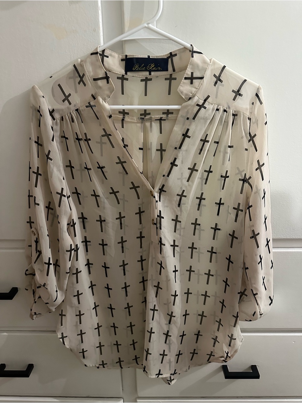 Cream Sheer Blouse with Black Cross Print